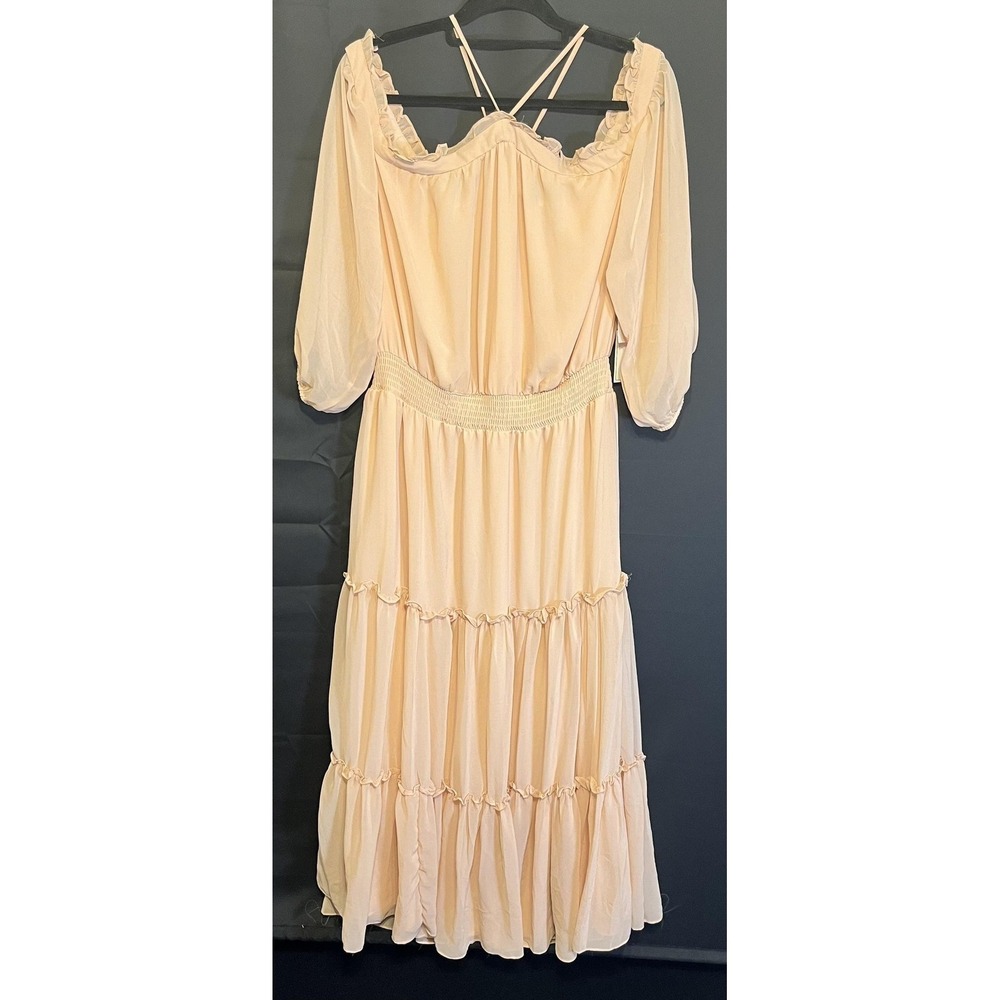 1. STATE Dress Womens XL Beige Autumnal Tones Off Shoulder Tiered Midi Chiffon - Picture 3 of 16